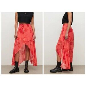 All Saints Sz 2 Slvina Nila Orange Asymmetrical High-low Sheer Floral Skirt.
